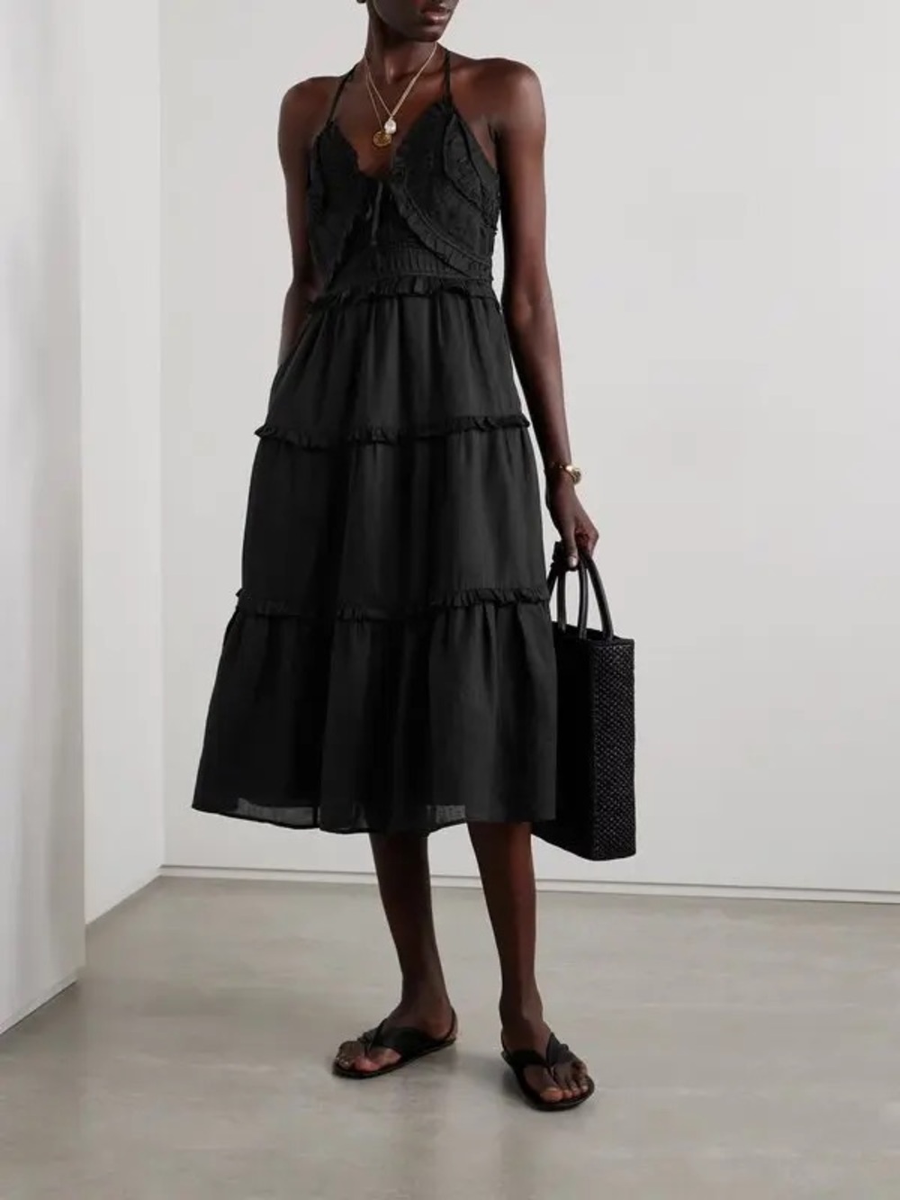 NWT Sea New York Cole Ruffled Pintucked Tiered Ramie Midi Dress